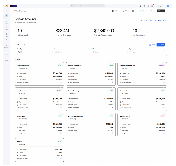 Custom monday.com account portfolio and client reporting app